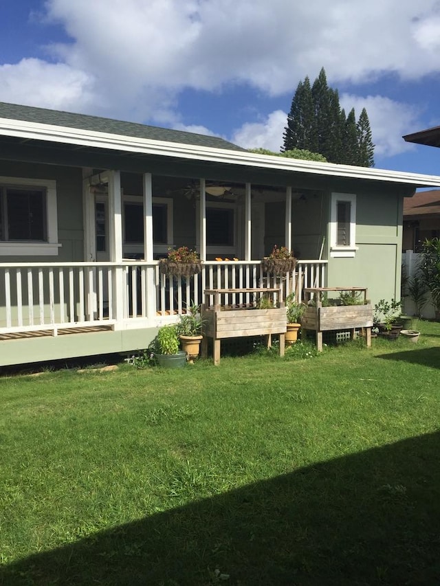 4463 Makaha Rd, Kapaa, HI 96746 - rear view of property featuring a lawn and ceiling fan