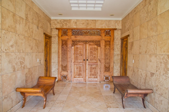 17-250 Meaulu St, Keaau, HI 96749 - bathroom with tile walls, french doors, and ornamental molding