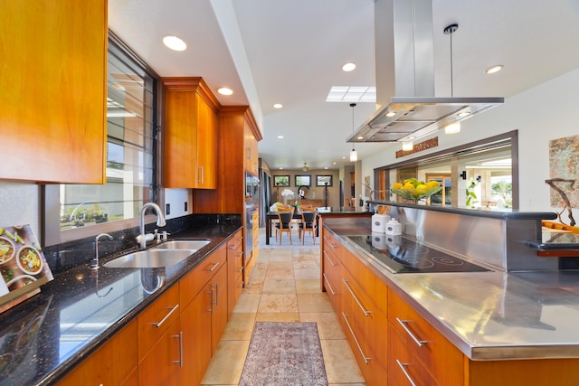 17-250 Meaulu St, Keaau, HI 96749 - kitchen with stainless steel countertops, black electric stovetop, island range hood, a sink, and plenty of natural light