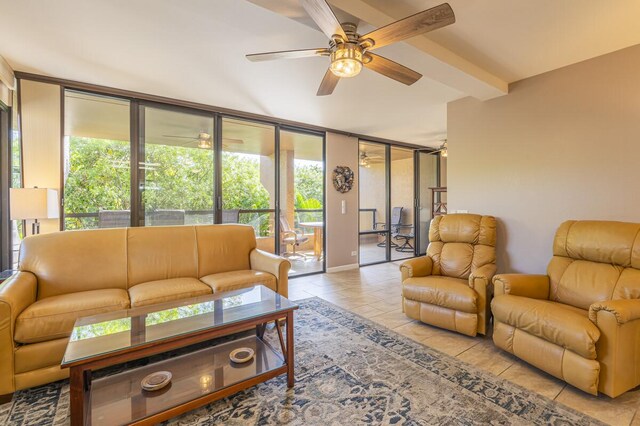 75-5865 Walua Rd Unit E631, Kailua-Kona, HI 96740 - living room featuring a ceiling fan, tile patterned flooring, healthy amount of natural light, and a wall of windows