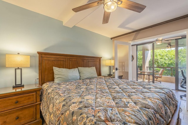 75-5865 Walua Rd Unit E631, Kailua-Kona, HI 96740 - bedroom featuring vaulted ceiling, access to exterior, and ceiling fan