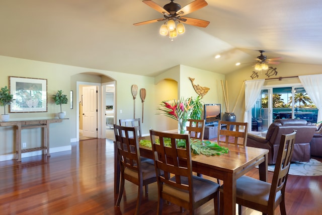 68-3744 Ua Noe Pl, Waikoloa, HI 96738 - dining area with a ceiling fan, arched walkways, vaulted ceiling, wood finished floors, and baseboards