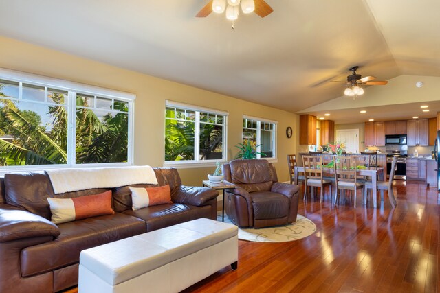 68-3744 Ua Noe Pl, Waikoloa, HI 96738 - living room featuring a ceiling fan, dark wood finished floors, and vaulted ceiling