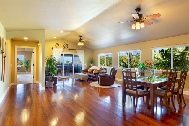 68-3744 Ua Noe Pl, Waikoloa, HI 96738 - dining room with ceiling fan, arched walkways, lofted ceiling, plenty of natural light, and wood finished floors