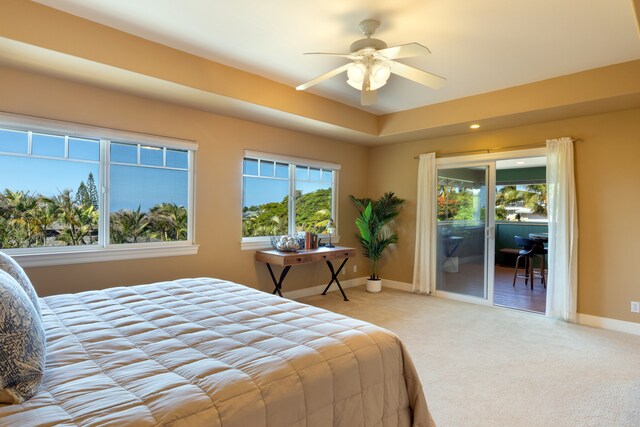 68-3744 Ua Noe Pl, Waikoloa, HI 96738 - bedroom with carpet flooring, access to outside, baseboards, a ceiling fan, and recessed lighting