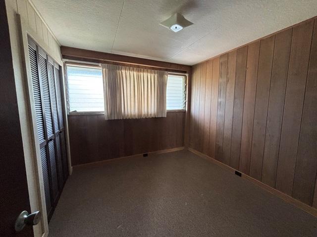 273 Iwalani St, Hilo, HI 96720 - carpeted spare room featuring wooden walls, baseboards, and a textured ceiling