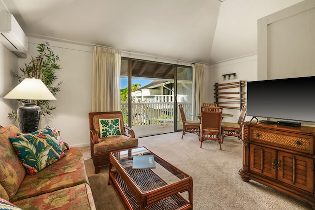 2253 Poipu Rd Unit 55, Koloa, HI 96756 - carpeted living room with a wall mounted air conditioner and lofted ceiling