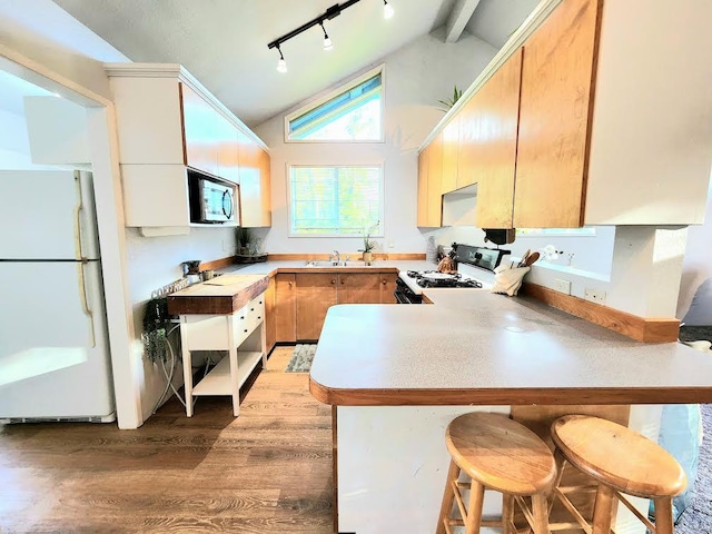13-1128 Malama St, Pahoa, HI 96778 - kitchen featuring freestanding refrigerator, range, a peninsula, stainless steel microwave, and wood finished floors