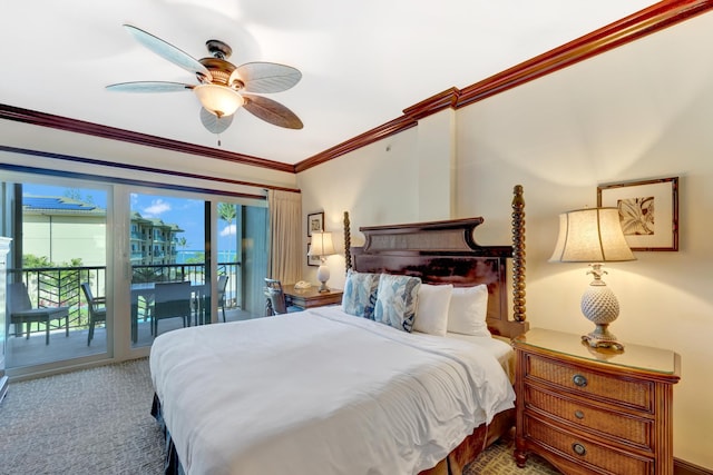 4-820 Kuhio Hwy Unit H304, Kapaa, HI 96746 - bedroom featuring access to outside, ornamental molding, a ceiling fan, and carpet floors