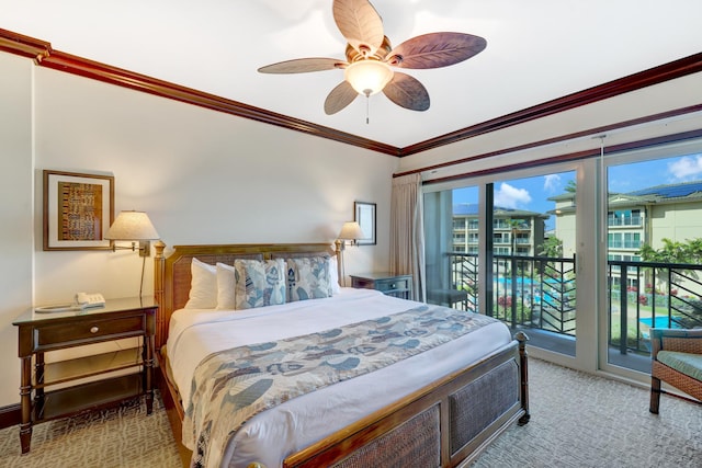 4-820 Kuhio Hwy Unit H304, Kapaa, HI 96746 - bedroom featuring access to outside, ornamental molding, carpet flooring, and ceiling fan