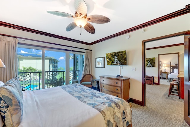4-820 Kuhio Hwy Unit H304, Kapaa, HI 96746 - bedroom featuring access to exterior, carpet floors, baseboards, ornamental molding, and a ceiling fan