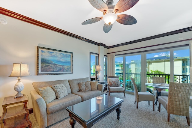 4-820 Kuhio Hwy Unit H304, Kapaa, HI 96746 - living room with carpet floors, a ceiling fan, and crown molding