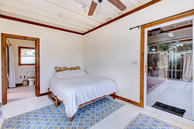 12-211 Oliana Dr, Pahoa, HI 96778 - bedroom with access to exterior, baseboards, track lighting, connected bathroom, and beamed ceiling