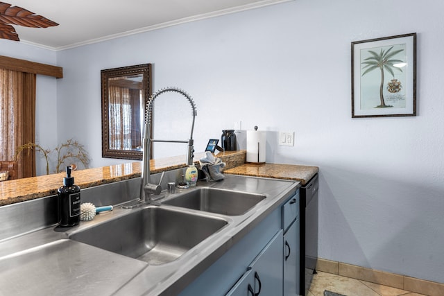 78-6665 Alii Dr Unit 302, Kailua-Kona, HI 96740 - kitchen featuring a sink, stainless steel countertops, ornamental molding, baseboards, and dishwasher