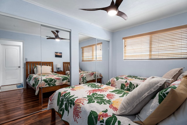 78-6665 Alii Dr Unit 302, Kailua-Kona, HI 96740 - bedroom with multiple closets, wood finished floors, crown molding, and ceiling fan
