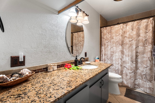 78-6665 Alii Dr Unit 302, Kailua-Kona, HI 96740 - full bathroom with vanity, tile patterned flooring, toilet, a textured wall, and curtained shower
