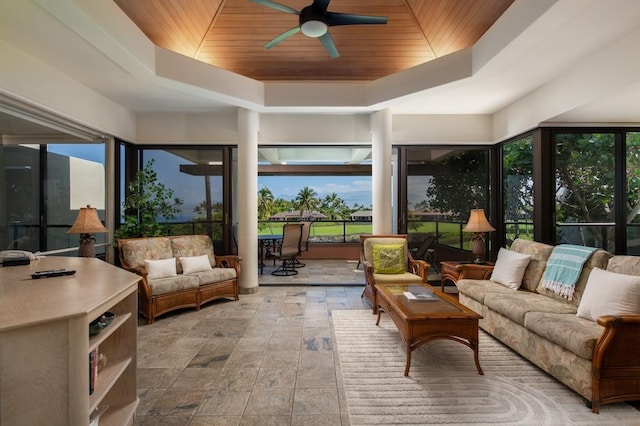 68-1050 Mauna Lani Point Dr Unit B 201, Kamuela, HI 96743 - sunroom with a raised ceiling, wood ceiling, and stone finish flooring