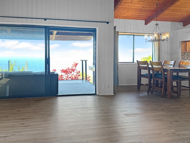 87-3188 Boki Rd, Captain Cook, HI 96704 - dining room featuring a chandelier, wood finished floors, and wood ceiling with exposed beams