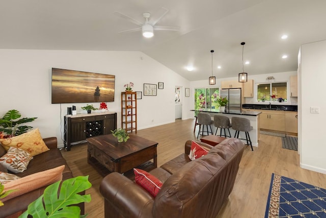 15-1798 20th Ave, Keaau, HI 96749 - living room with vaulted ceiling, ceiling fan, light wood-style flooring, baseboards, and recessed lighting
