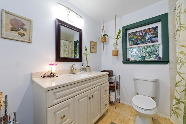 15-1565 Beach Rd, Keaau, HI 96749 - bathroom featuring vanity, toilet, tile patterned floors, and curtained shower