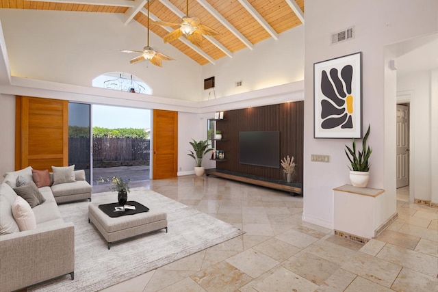 68-1842 Auhili Loop, Waikoloa, HI 96738 - living room featuring high vaulted ceiling, wood ceiling with exposed beams, a ceiling fan, and baseboards