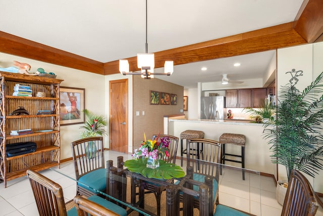 2221 Kapili Rd Unit 4, Koloa, HI 96756 - dining space with light tile patterned flooring, a chandelier, a ceiling fan, recessed lighting, and beam ceiling