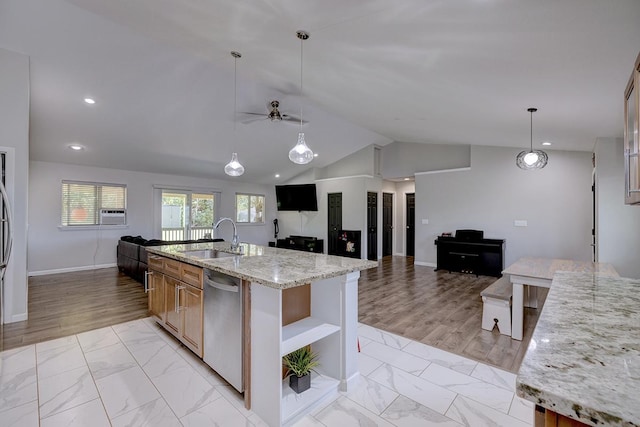 15-1888 22nd Ave, Keaau, HI 96749 - kitchen with dishwasher, a sink, open floor plan, open shelves, and light marble finish floors
