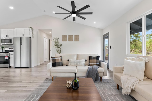 16-2050 Pikake Dr, Pahoa, HI 96778 - living area featuring ceiling fan, lofted ceiling, light wood-type flooring, and recessed lighting