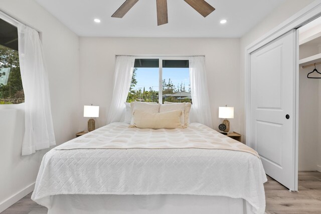 16-2050 Pikake Dr, Pahoa, HI 96778 - bedroom with light wood-type flooring, recessed lighting, a ceiling fan, and a closet