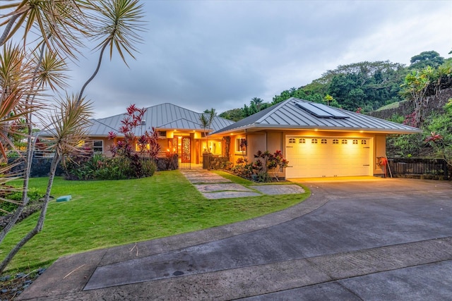 75-665 Kula Kai Pl, Kailua-Kona, HI 96740 - ranch-style house with a standing seam roof, a metal roof, an attached garage, concrete driveway, and stucco siding