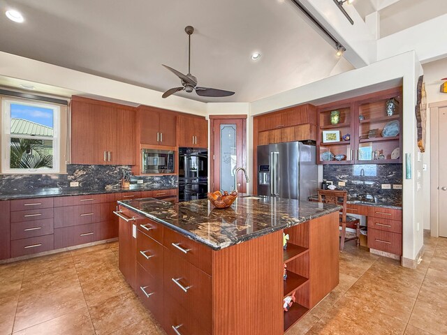 75-5952 Alii Dr, Kailua-Kona, HI 96740 - kitchen featuring open shelves, stainless steel appliances, tasteful backsplash, a sink, and a kitchen island with sink