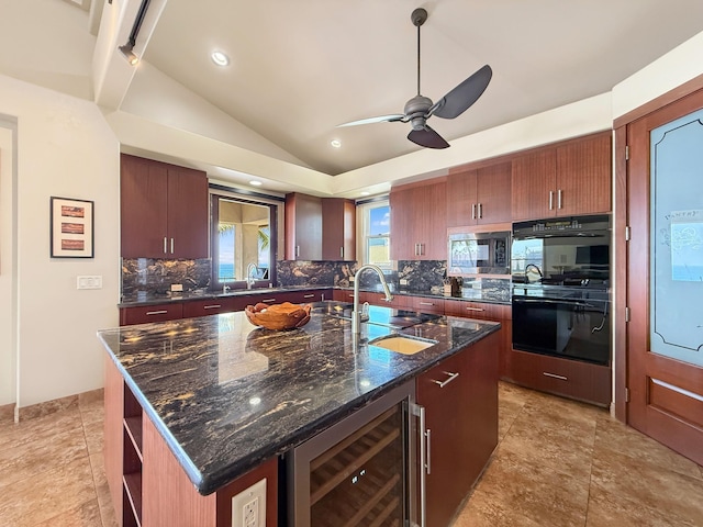 75-5952 Alii Dr, Kailua-Kona, HI 96740 - kitchen featuring wine cooler, a sink, backsplash, built in microwave, and lofted ceiling