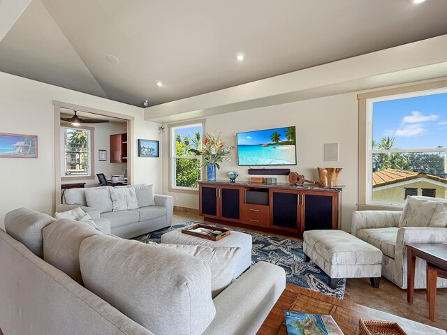 75-5952 Alii Dr, Kailua-Kona, HI 96740 - living room with recessed lighting, vaulted ceiling, wood finished floors, and ceiling fan