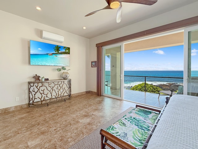75-5952 Alii Dr, Kailua-Kona, HI 96740 - bedroom with access to exterior, a wall mounted air conditioner, a water view, baseboards, and a ceiling fan