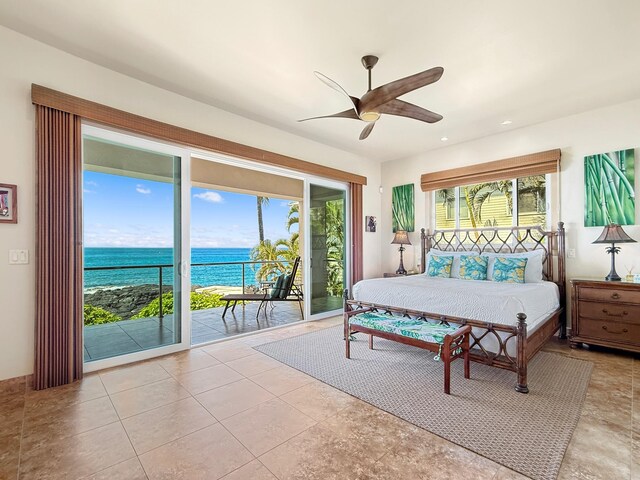75-5952 Alii Dr, Kailua-Kona, HI 96740 - bedroom with a water view, access to outside, recessed lighting, and a ceiling fan