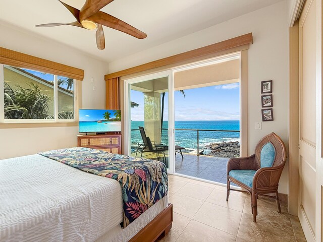 75-5952 Alii Dr, Kailua-Kona, HI 96740 - bedroom with access to outside, multiple windows, light tile patterned flooring, and a ceiling fan