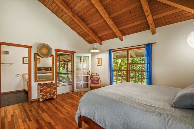 6161 Holio Rd, Kapaa, HI 96746 - bedroom with wood finished floors, wood ceiling with exposed beams, connected bathroom, and high vaulted ceiling