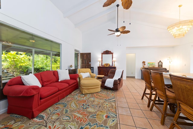 16-1381 Pohaku Cir, Keaau, HI 96749 - living room with a ceiling fan, beam ceiling, light tile patterned floors, and high vaulted ceiling