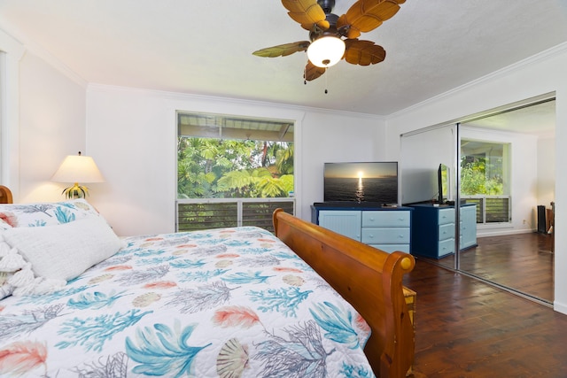 16-1381 Pohaku Cir, Keaau, HI 96749 - bedroom featuring ornamental molding, wood finished floors, multiple windows, a closet, and ceiling fan