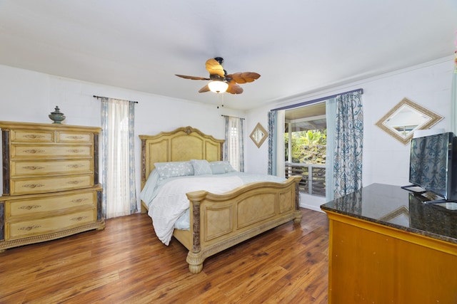 16-1381 Pohaku Cir, Keaau, HI 96749 - bedroom featuring access to outside, wood finished floors, and ceiling fan