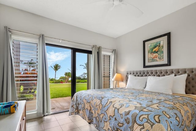 4460 Nehe Rd Unit 118, Lihue, HI 96766 - bedroom with access to outside, light tile patterned flooring, and ceiling fan