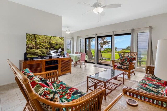 4460 Nehe Rd Unit 118, Lihue, HI 96766 - living area with light tile patterned floors and ceiling fan