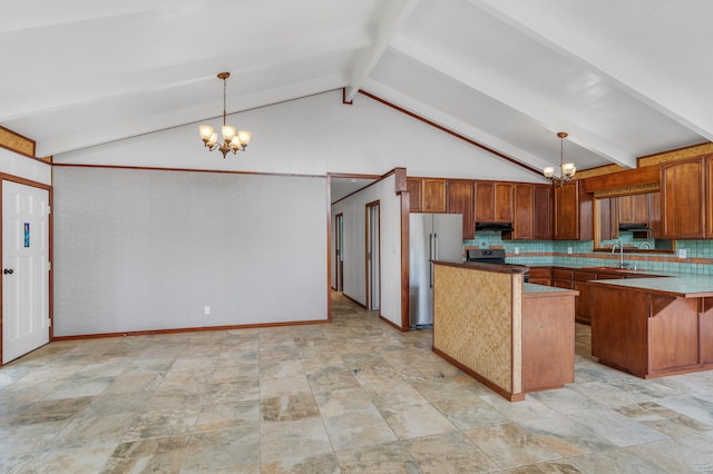 64-5270 Hoohoa St, Kamuela, HI 96743 - kitchen featuring a chandelier, stainless steel appliances, a sink, under cabinet range hood, and beam ceiling