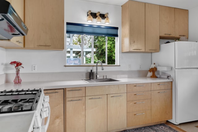 64-5270 Hoohoa St, Kamuela, HI 96743 - kitchen featuring a sink, ventilation hood, white appliances, light brown cabinets, and light countertops
