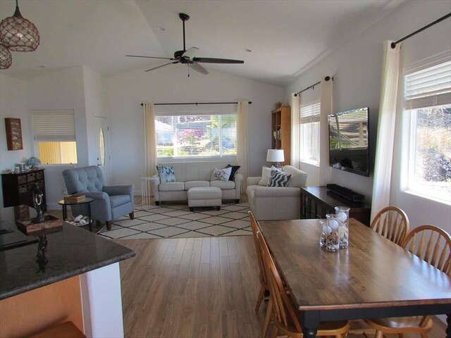 88-1978 Milolii Rd, Captain Cook, HI 96704 - dining area with a ceiling fan, wood finished floors, and lofted ceiling