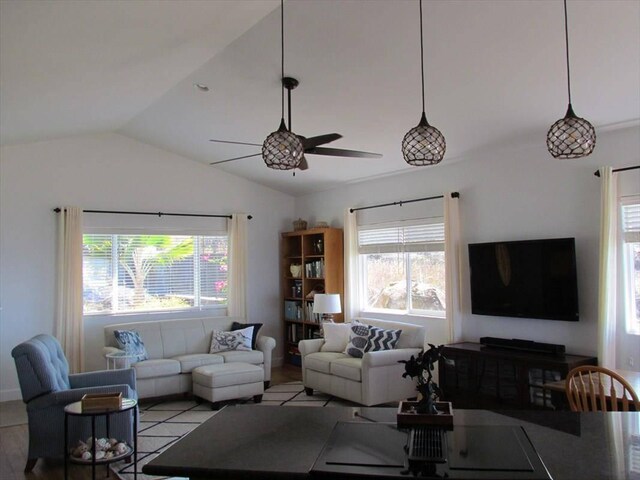 88-1978 Milolii Rd, Captain Cook, HI 96704 - living area featuring ceiling fan, plenty of natural light, lofted ceiling, and light wood-style flooring