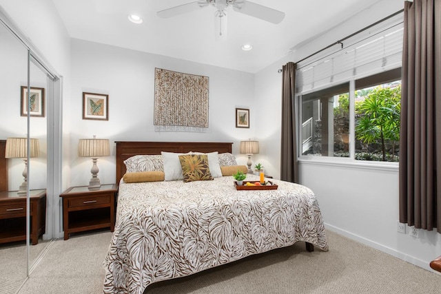 75-346 Hualalai Rd Unit A104, Kailua-Kona, HI 96740 - bedroom with carpet floors, baseboards, recessed lighting, a closet, and a ceiling fan