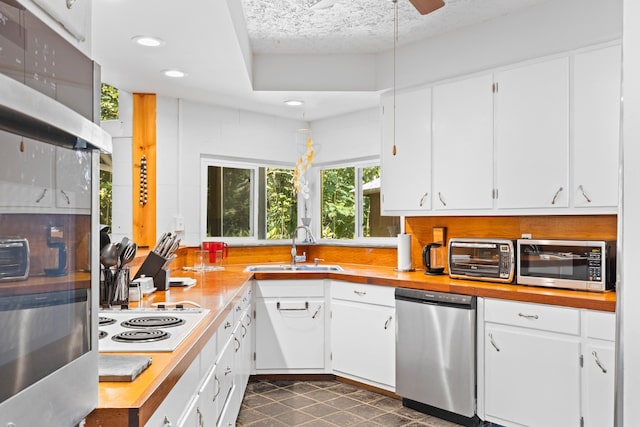 15-1913 Beach Rd, Keaau, HI 96749 - kitchen with appliances with stainless steel finishes, a sink, white cabinetry, recessed lighting, and a ceiling fan