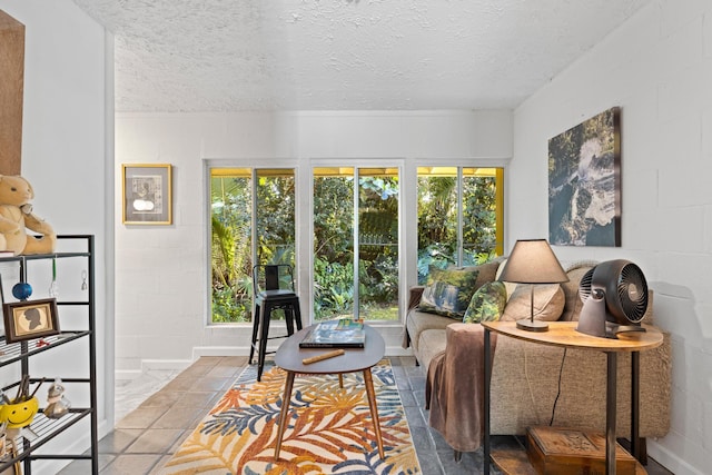 15-1913 Beach Rd, Keaau, HI 96749 - living room featuring a textured ceiling and concrete block wall