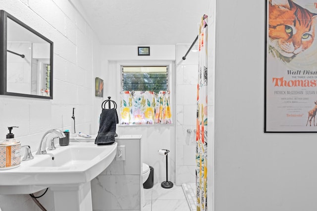 15-1913 Beach Rd, Keaau, HI 96749 - full bathroom with marble look tile flooring, tiled shower, toilet, and a sink